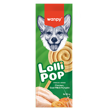 تشویقی آبنباتی سگ ونپی با طعم مرغ، شیر بز و کدو تنبل Wanpy Freeze Dried Lollipop وزن 14 گرم