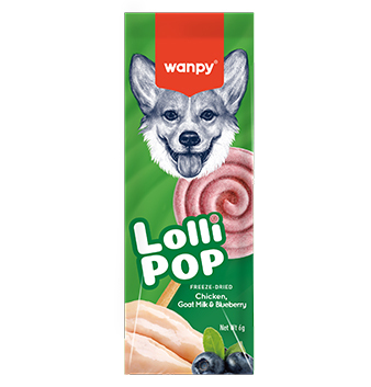 تشویقی آبنباتی سگ ونپی با طعم مرغ، شیر بز و بلوبری Wanpy Freeze Dried Lollipop وزن 14 گرم