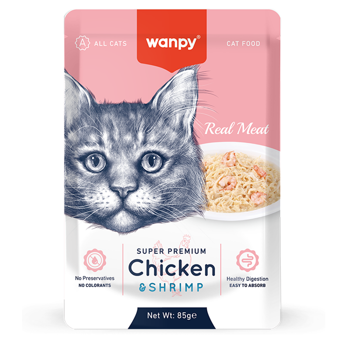 پوچ گربه ونپی با طعم مرغ و میگو سفارش اروپا Wanpy Super Premium وزن 85 گرم