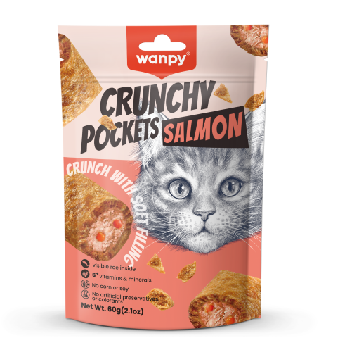 تشویقی گربه ونپی با طعم ماهی سالمون و خاویار Wanpy Crunchy Pockets وزن 60 گرم