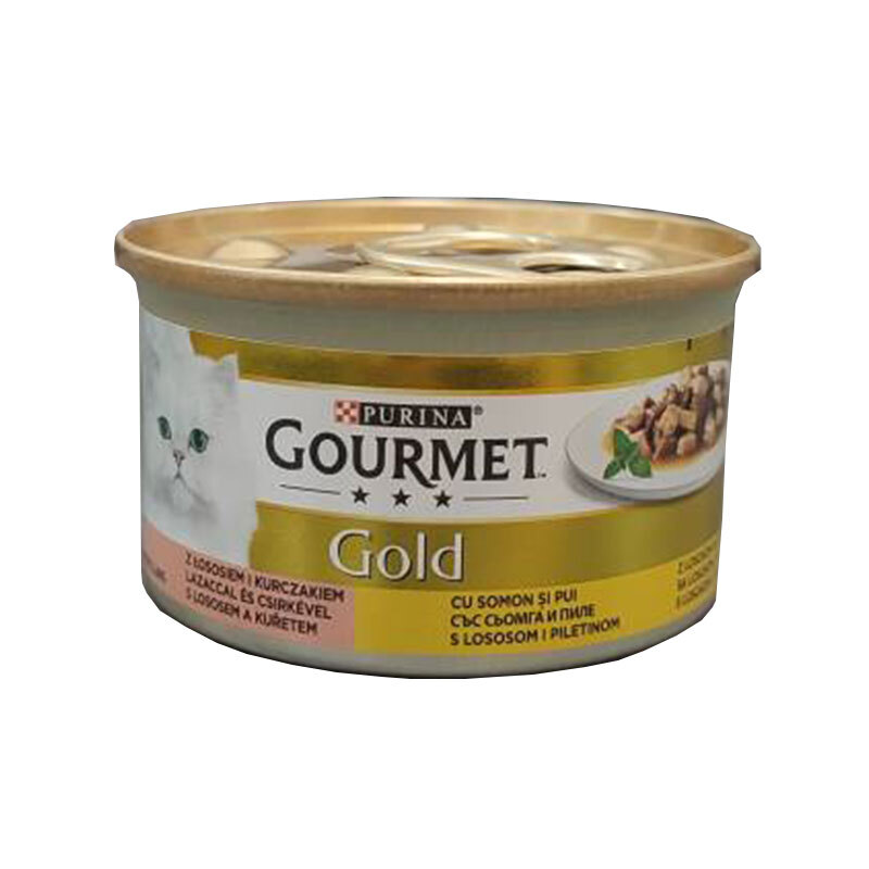  کنسرو غذای گربه گورمت خورشتی با طعم سالمون و مرغ Gourmet Gold Salmon & Chicken in Gravy وزن 85 گرم 