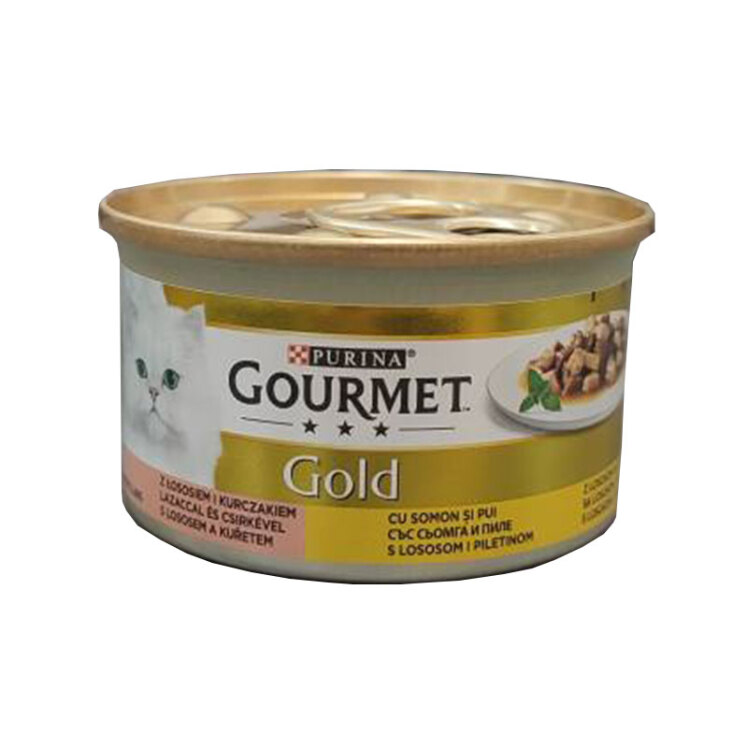 کنسرو غذای گربه گورمت خورشتی با طعم سالمون و مرغ Gourmet Gold Salmon & Chicken in Gravy وزن 85 گرم