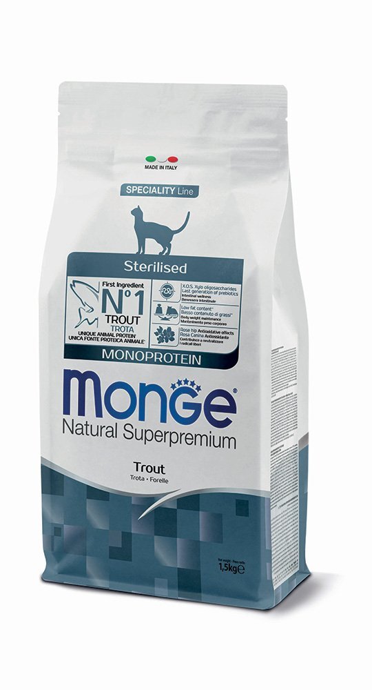 غذای خشک گربه عقیم‌شده مونژه مدل Monoprotein Sterilised Trout وزن 1.5 کیلوگرم
